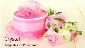  Presentation with persian - PPT theme enhanced with ranunculus persian buttercups and gift on white wooden background background and a lemonade colored foreground
