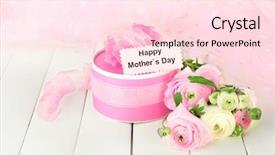  Presentation with mothers - PPT theme consisting of ranunculus persian buttercups and gift for mothers day on white wooden background background and a lemonade colored foreground