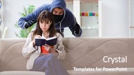  Presentation with home - Slides having rapists - armed man assaulting young woman background and a gray colored foreground