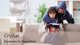  Presentation with man vs woman - Theme featuring rapists - armed man assaulting young woman background and a mint green colored foreground