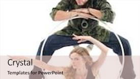  Presentation with rapper - Presentation theme featuring rapper stands over girl and puts hands on hoop and gymnast girl lies on floor in hoop and depicts something by hands isolated on white background background and a lemonade colored foreground