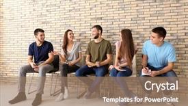  Presentation with people unity - Beautiful presentation theme featuring rapporyt - group of young people sitting backdrop and a coral colored foreground