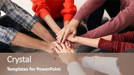  Presentation with people unity - Presentation theme having rapporyt - people putting hands together closeup background and a coral colored foreground