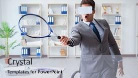  Presentation with virtual reality environments - Cool new PPT layouts with raquet - businessman playing virtual reality tennis backdrop and a  colored foreground