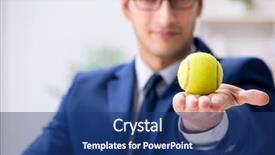  Presentation with tennis ball in the corner - Beautiful theme featuring raquet - young businessman with tennis ball backdrop and a ocean colored foreground
