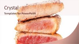  Presentation with steaks - PPT layouts with rare - tasty steaks on white background background and a lemonade colored foreground