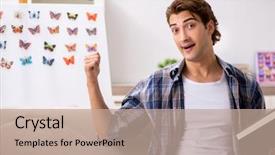  Presentation with student - PPT layouts consisting of rare book - student entomologist studying new species background and a  colored foreground