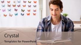  Presentation with new era - Theme featuring rare book - student entomologist studying new species background and a coral colored foreground