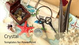  Presentation with treasure map aged rope - Amazing slides having rare coins - map of treasures isolated backdrop and a  colored foreground