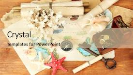  Presentation with treasure islands pirates map - Presentation consisting of rare coins - map of treasures on wooden background and a  colored foreground