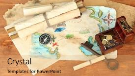 Presentation with treasure map aged rope - Slides enhanced with rare coins - map of treasures on wooden background and a  colored foreground