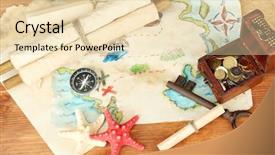  Presentation with map - Colorful presentation theme enhanced with rare coins - map of treasures on wooden backdrop and a  colored foreground