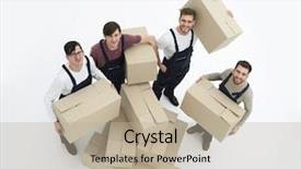  Presentation with boxes - Slide deck enhanced with rasional - delivery men with cardboard boxes background and a mint green colored foreground