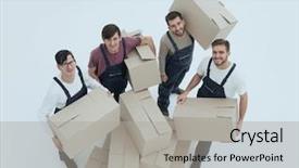  Presentation with boxes - Beautiful theme featuring rasional - delivery men with cardboard boxes backdrop and a  colored foreground