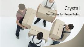  Presentation with delivery rider - Colorful PPT layouts enhanced with rasional - delivery men with cardboard boxes backdrop and a  colored foreground