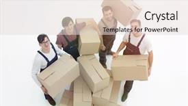  Presentation with boxes - Audience pleasing PPT theme consisting of rasional - delivery men with cardboard boxes backdrop and a lemonade colored foreground