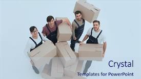  Presentation with disciplined agile delivery - Presentation theme with rasional - delivery men with cardboard boxes background and a sky blue colored foreground