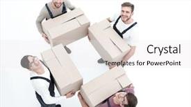  Presentation with pharmaceutical delivery - Presentation design enhanced with rasional - delivery men with cardboard boxes background and a white colored foreground