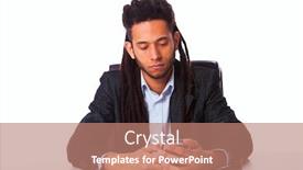 Presentation with man holding phone - PPT theme having rastafari-man-holding-the-cell background and a coral colored foreground