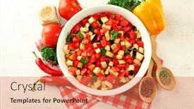  Presentation with ratatouille - PPT layouts featuring ratatouille before cooking and ingredients on wooden background background and a coral colored foreground