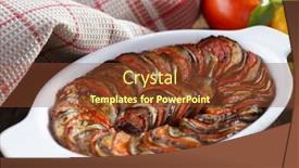  Presentation with ratatouille - Audience pleasing theme consisting of ratatouille in a baking dish on a rustic table backdrop and a tawny brown colored foreground