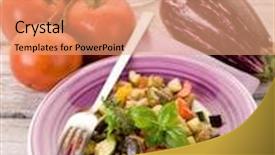  Presentation with ratatouille - Cool new PPT theme with ratatouille over dish on white woodden table backdrop and a coral colored foreground