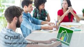  Presentation with laptop - Amazing slides having ratings agencies - casual businessman typing on his backdrop and a  colored foreground