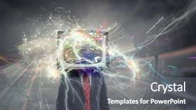  Presentation with television media - PPT theme having ratings television - man with tv instead background and a gray colored foreground