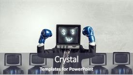  Presentation with television media - Cool new PPT theme with ratings television - man with tv instead backdrop and a dark gray colored foreground