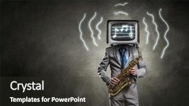  Presentation with television media - Presentation design with ratings television - man with tv instead background and a dark gray colored foreground