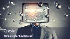  Presentation with head - Beautiful PPT theme featuring ratings television - man with tv instead backdrop and a  colored foreground