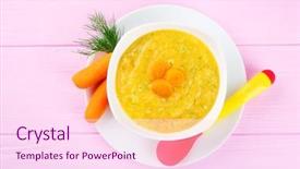  Presentation with soup - Presentation design having ration - plate of creamy baby vegetable background and a pink colored foreground