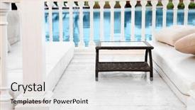  Presentation with billards pool table ready - Slide deck featuring rattan table near swimming pool background and a light gray colored foreground