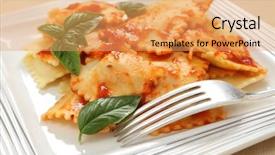  Presentation with pasta sauce - Audience pleasing PPT theme consisting of ravioli in a pasta sauce backdrop and a yellow colored foreground