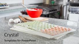  Presentation with gluten free food various pasta - Slide set with ravioli pasta on industrial kitchen background and a light gray colored foreground