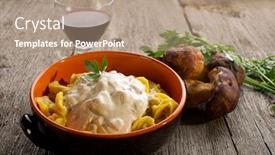  Presentation with sauce - Colorful theme enhanced with ravioli with cream sauce and cep backdrop and a coral colored foreground