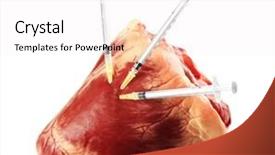  Presentation with 3d isolated t rex head - Presentation design with raw animal heart and syringes background and a sky blue colored foreground