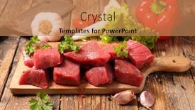  Presentation with cube - PPT theme with raw-beef-cube-on-wooden background and a coral colored foreground