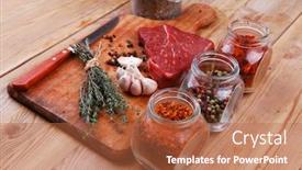  Presentation with aged wood - Colorful theme enhanced with raw beef meat fillet with peppercorn and thyme and different spices in glass bottles ready to grill on wood figured aged board over table backdrop and a red colored foreground