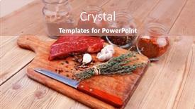  Presentation with aged wood - PPT layouts with raw beef meat fillet with peppercorn and thyme and different spices in glass bottles ready to grill on wood figured aged board over table background and a coral colored foreground
