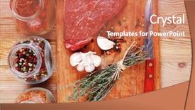  Presentation with aged wood - Beautiful PPT theme featuring raw beef meat fillet with peppercorn and thyme and different spices in glass bottles ready to grill on wood figured aged board over table backdrop and a coral colored foreground