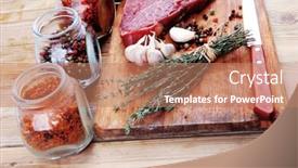  Presentation with aged wood - Slides consisting of raw beef meat fillet with peppercorn and thyme and different spices in glass bottles ready to grill on wood figured aged board over table background and a coral colored foreground