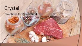  Presentation with aged wood - Presentation design with raw beef meat fillet with peppercorn and thyme and different spices in glass bottles ready to grill on wood figured aged board over table background and a lemonade colored foreground