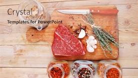  Presentation with aged wood - Presentation theme having raw beef meat fillet with peppercorn and thyme and different spices in glass bottles ready to grill on wood figured aged board over table background and a lemonade colored foreground