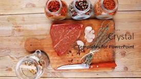  Presentation with aged wood - Beautiful presentation theme featuring raw beef meat fillet with peppercorn and thyme and different spices in glass bottles ready to grill on wood figured aged board over table backdrop and a red colored foreground