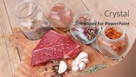  Presentation with aged wood - PPT layouts enhanced with raw beef meat fillet with peppercorn and thyme and different spices in glass bottles ready to grill on wood figured aged board over table background and a coral colored foreground