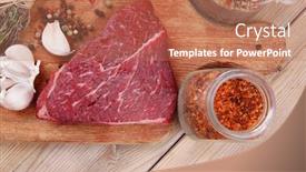  Presentation with aged wood - Presentation consisting of raw beef meat fillet with peppercorn and thyme and different spices in glass bottles ready to grill on wood figured aged board over table background and a coral colored foreground