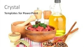  Presentation with cooking oil - Slides having raw beef meat in bowl with herbs spices and cooking oil isolated on white background and a white colored foreground