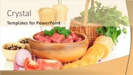  Presentation with meat beef - Audience pleasing presentation theme consisting of raw beef meat in bowl with herbs and spices isolated on white backdrop and a blonde colored foreground