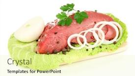  Presentation with meat beef - Presentation theme enhanced with raw beef meat marinated with herbs and spices isolated on white background and a blonde colored foreground